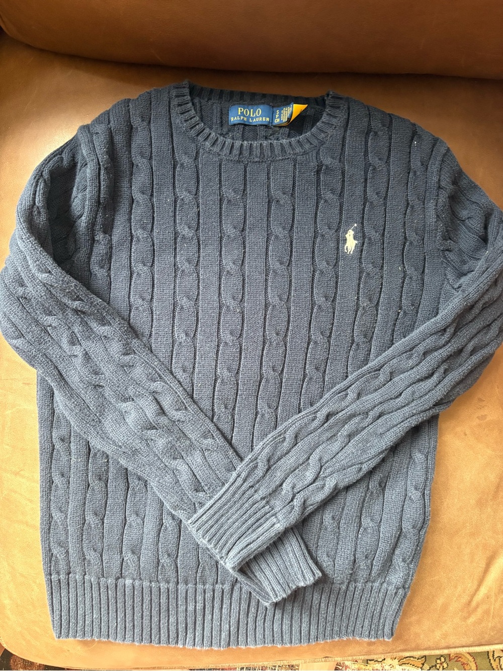 Polo by Ralph Lauren Men’s Dark Navy Cable Knit Crewneck Sweater with Pony